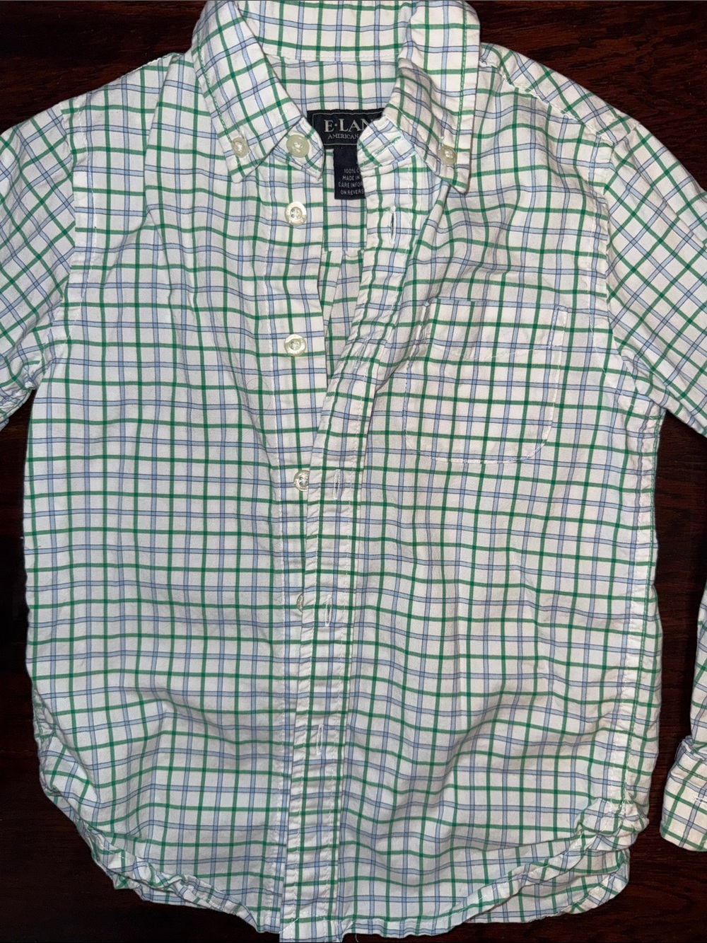 E-Land Button-Down Plaid Shirt — White with Green & Blue Checks